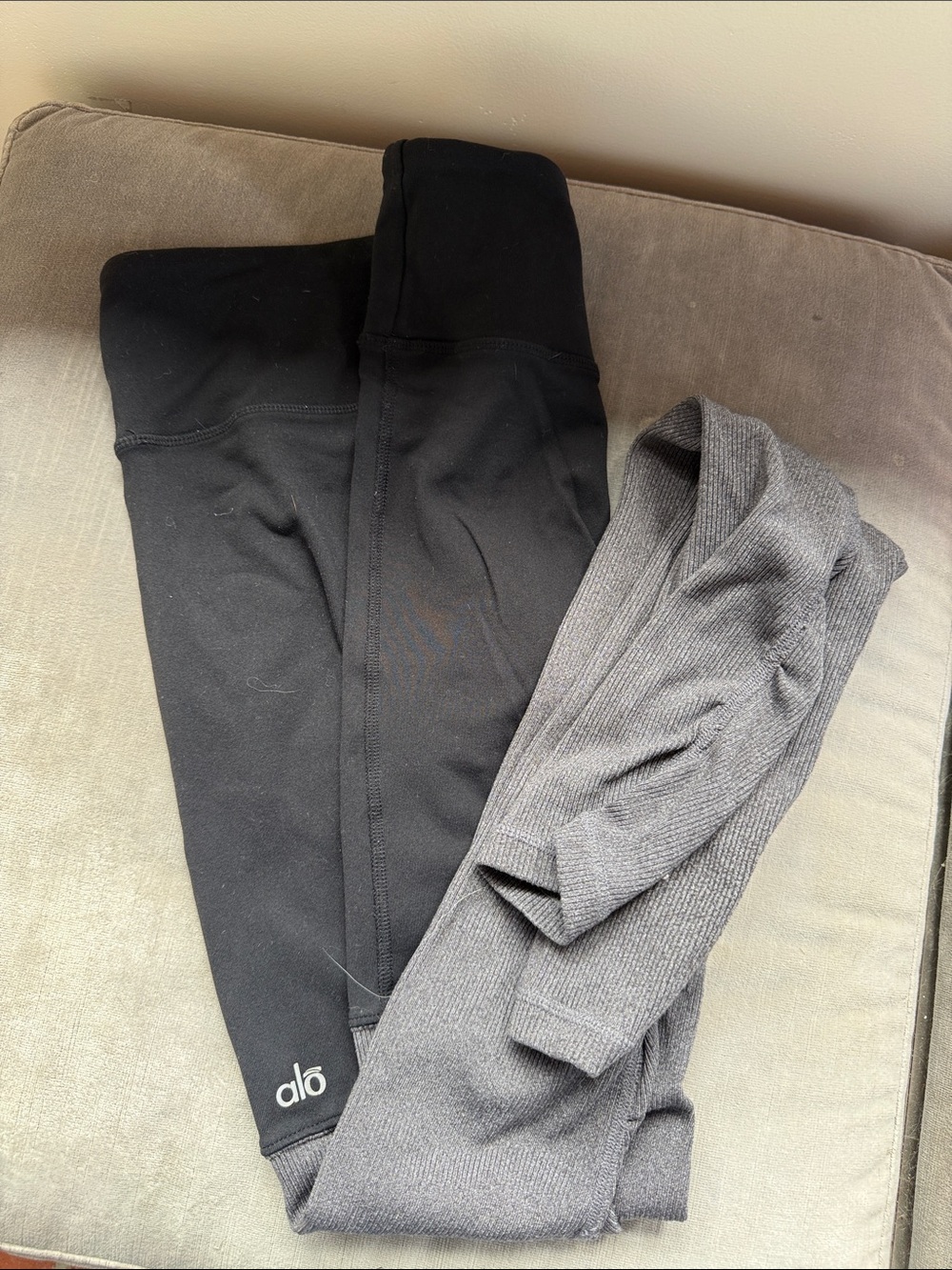 ALO Yoga Kids Black Leggings with Gray Ribbed Overlay